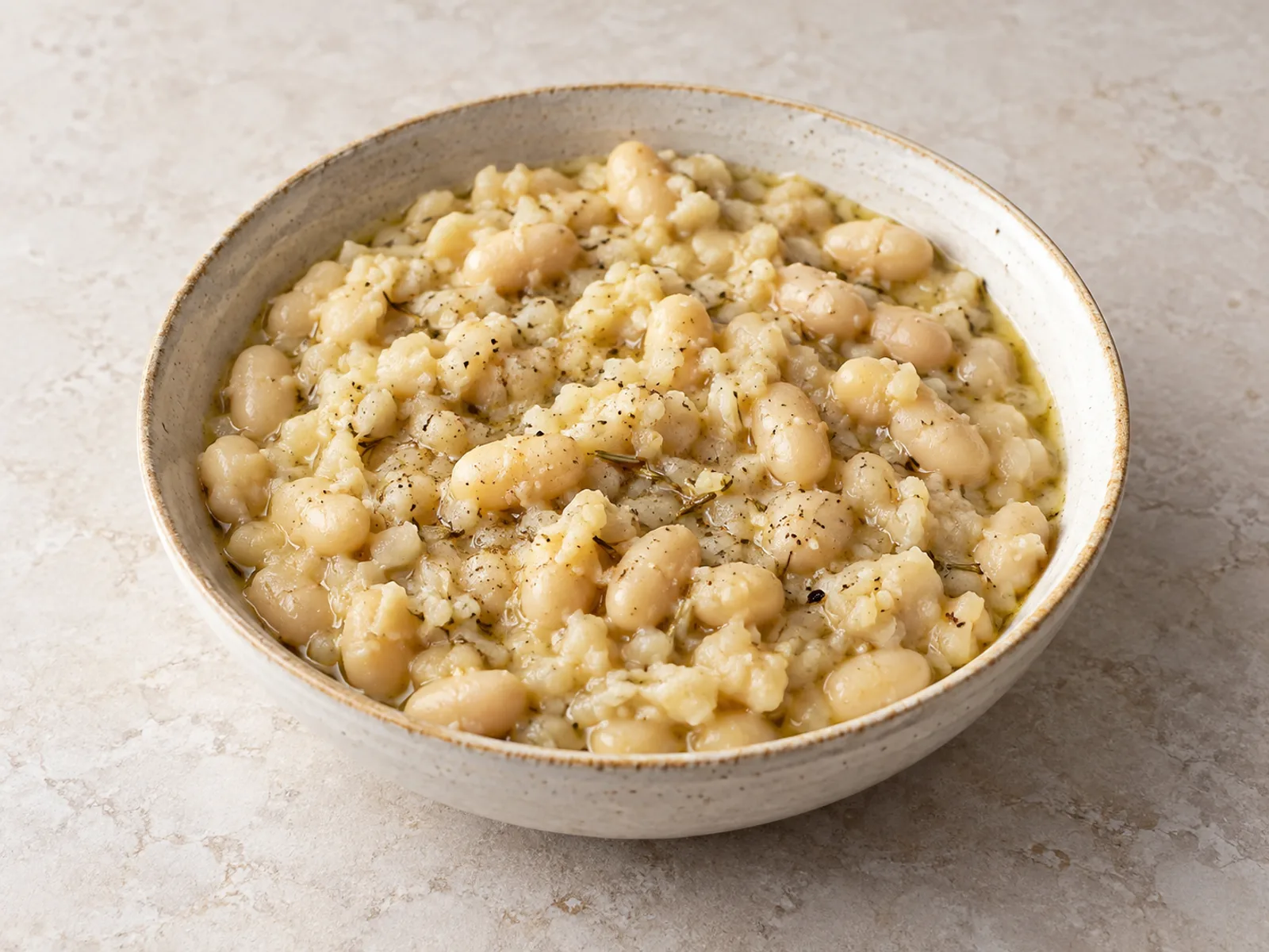 Rosemary smashed white beans served ready to eat
