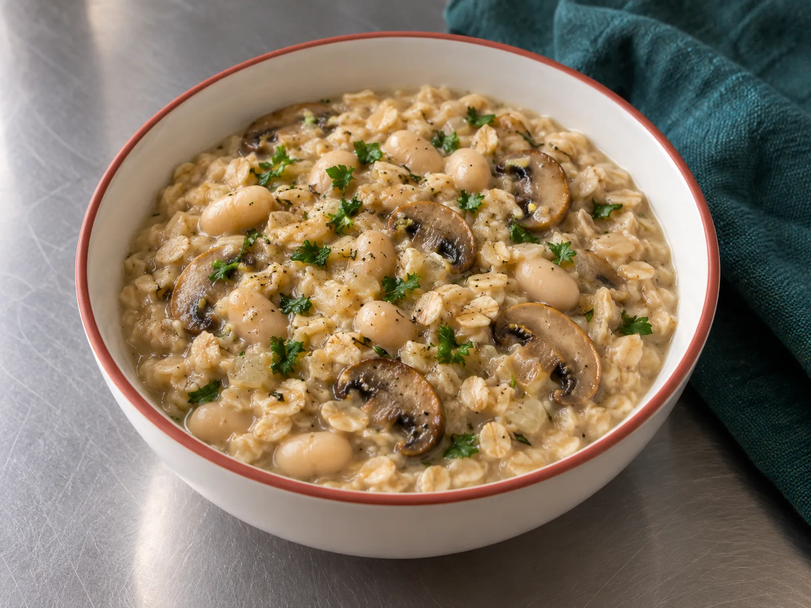 Creamy savory rolled oats with sliced browned mushrooms, whole white beans and chopped parsley in a breakfast bowl