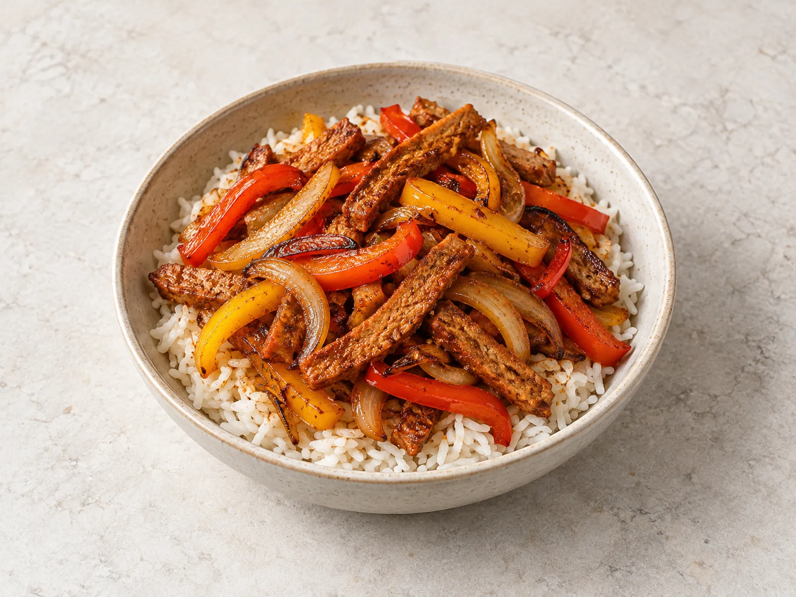 Seitan pepper fajita rice served ready to eat