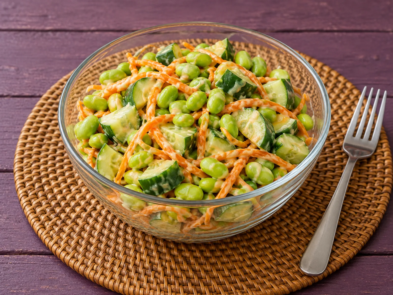 Chunky cucumber, green edamame and grated carrot coated in creamy sesame dressing in a lunch bowl