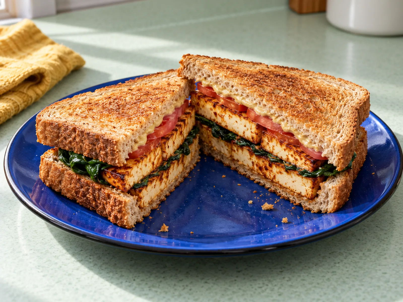 Whole-wheat breakfast sandwich with browned smoky tofu slabs, wilted spinach, tomato and mustard-tahini spread