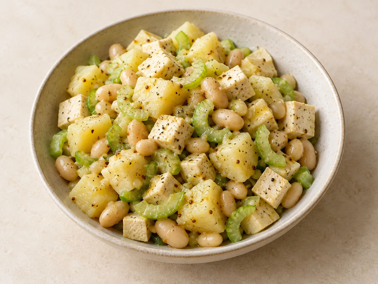 Tofu potato mustard salad served ready to eat