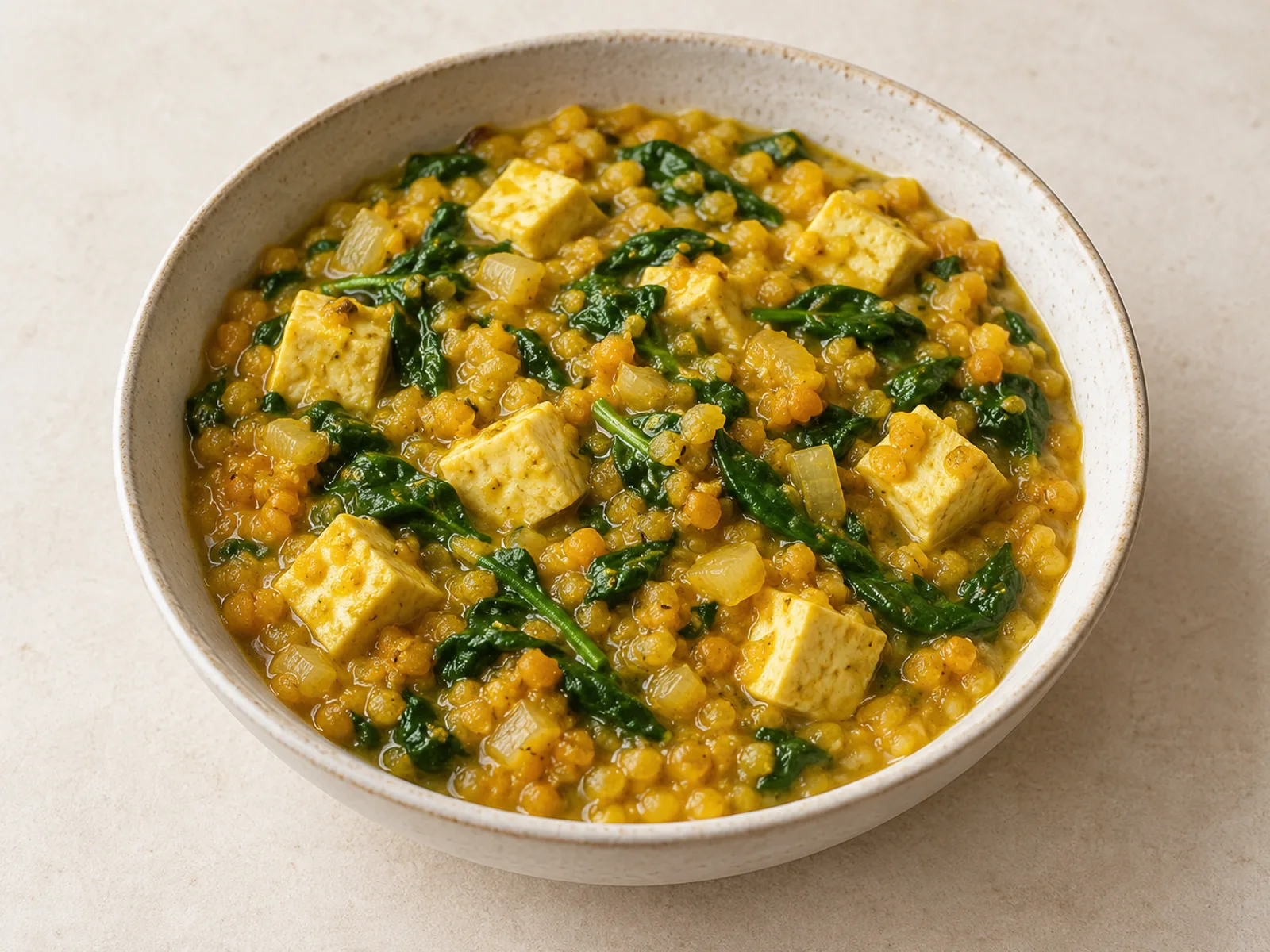 Tofu spinach lentil dal served ready to eat