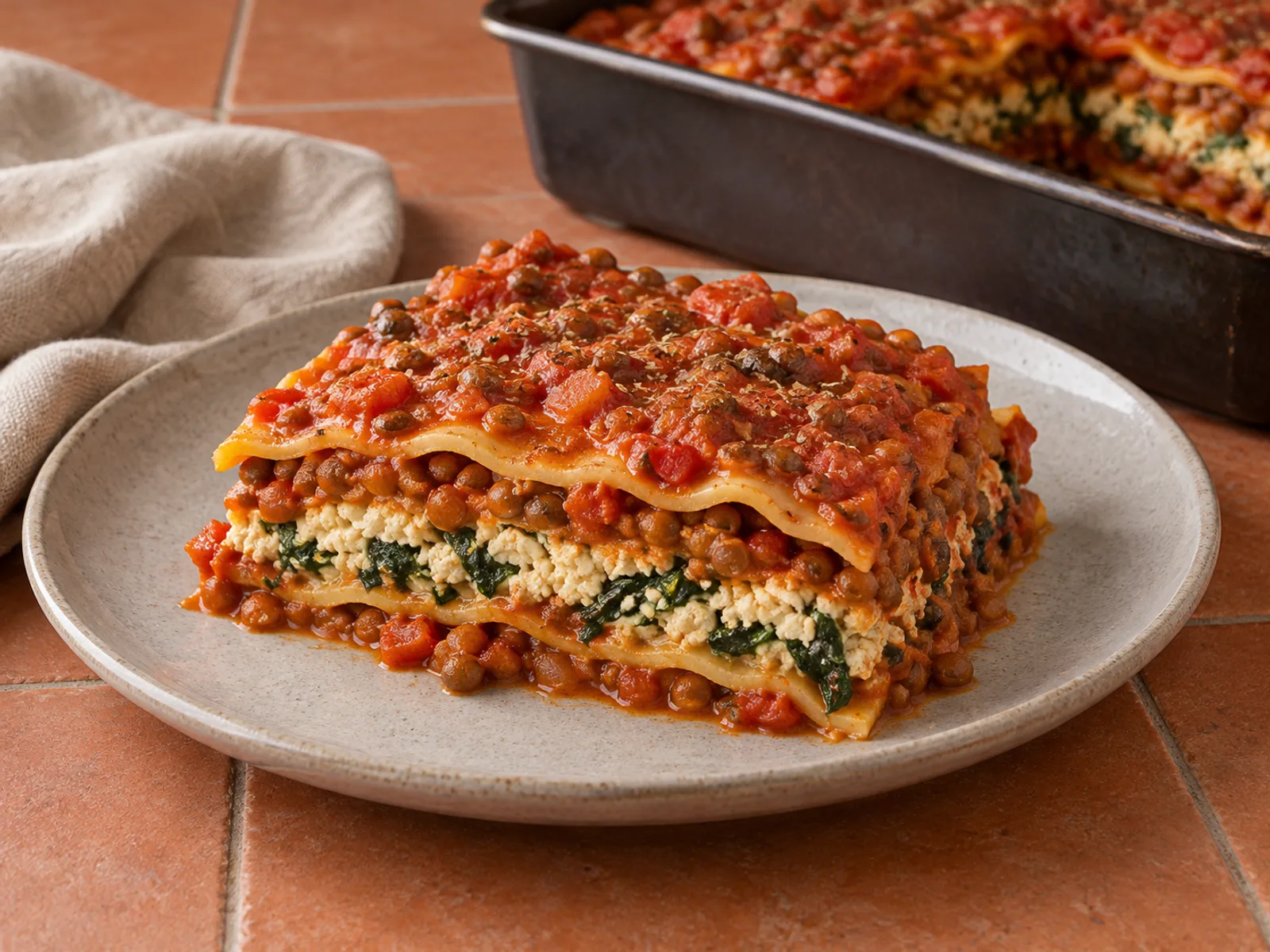 A layered portion of tomato-lentil lasagna with white tofu and spinach on a gray plate over terracotta tiles
