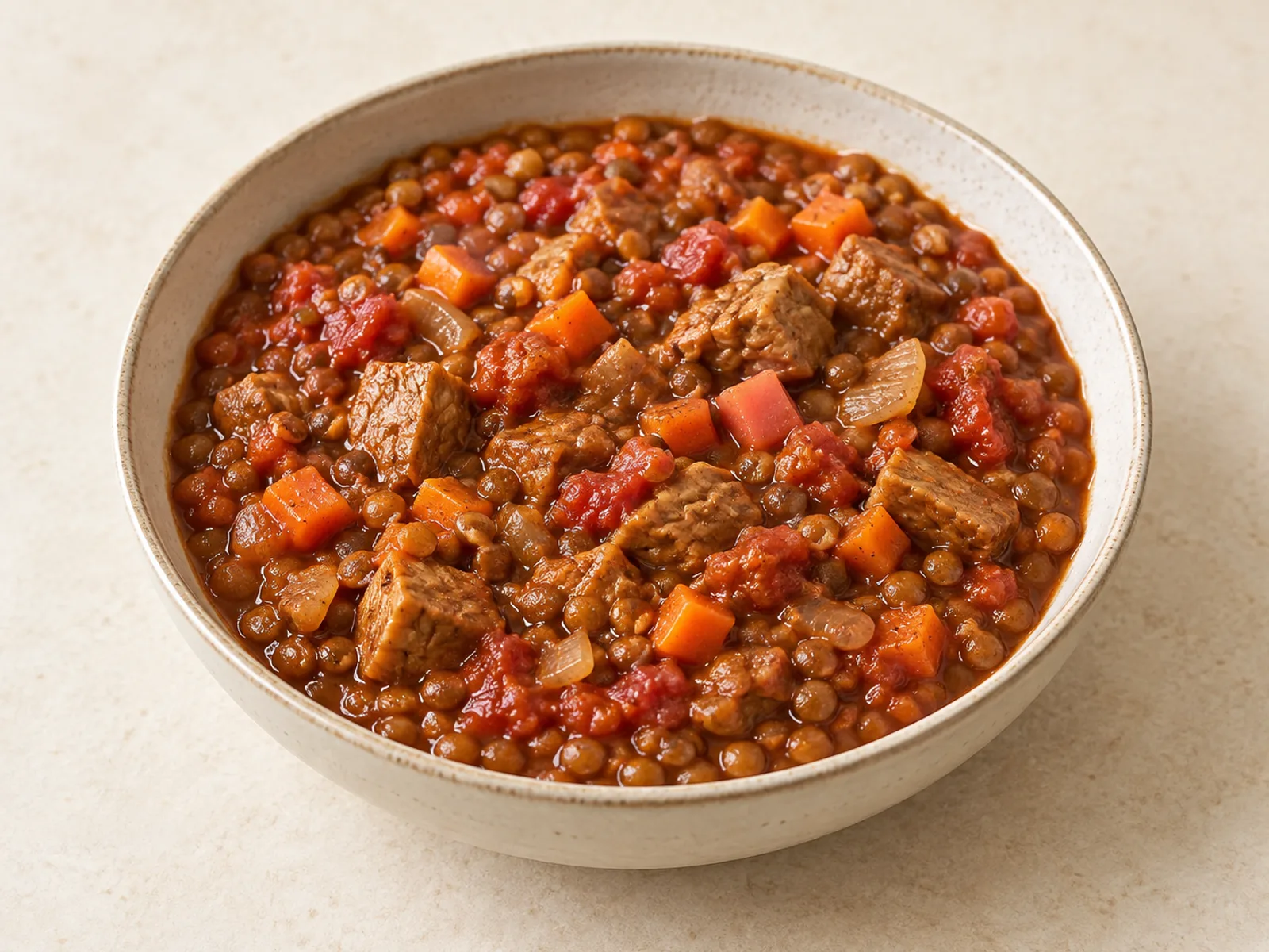 Tomato lentil seitan stew served ready to eat