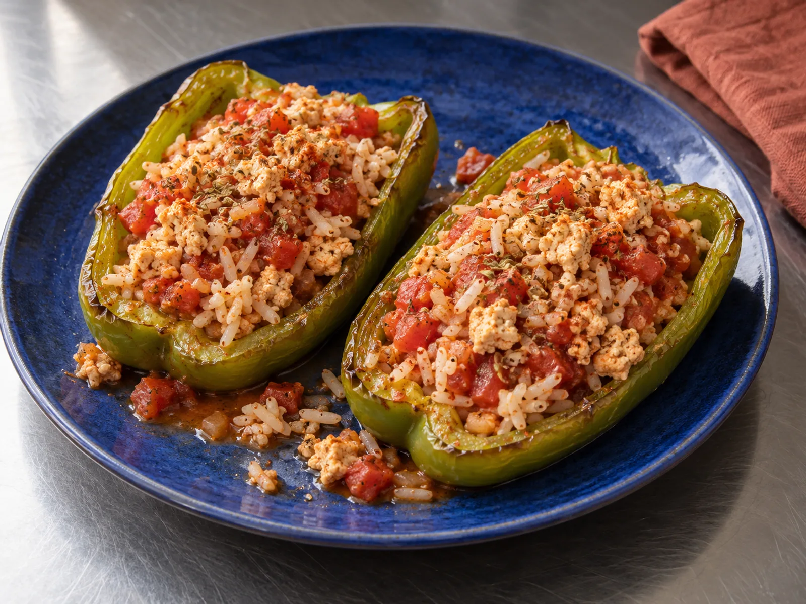 Two tender bell pepper halves filled with tomato-coated rice and crumbled tofu, with a little cooking juice on the plate