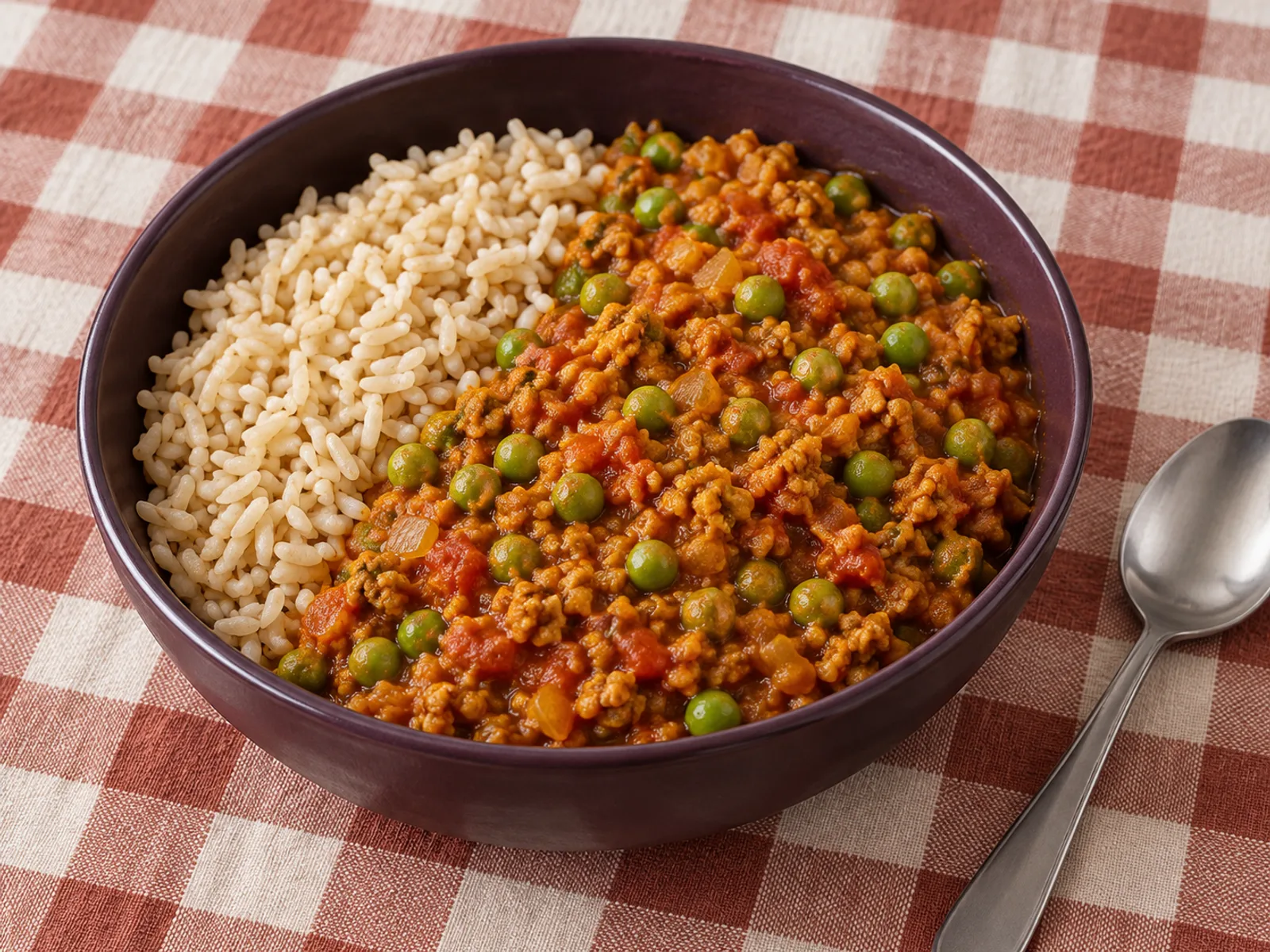 Fine TVP granules and green peas in a tomato curry beside brown rice, in a dark plum bowl on a cream and rust checked cloth
