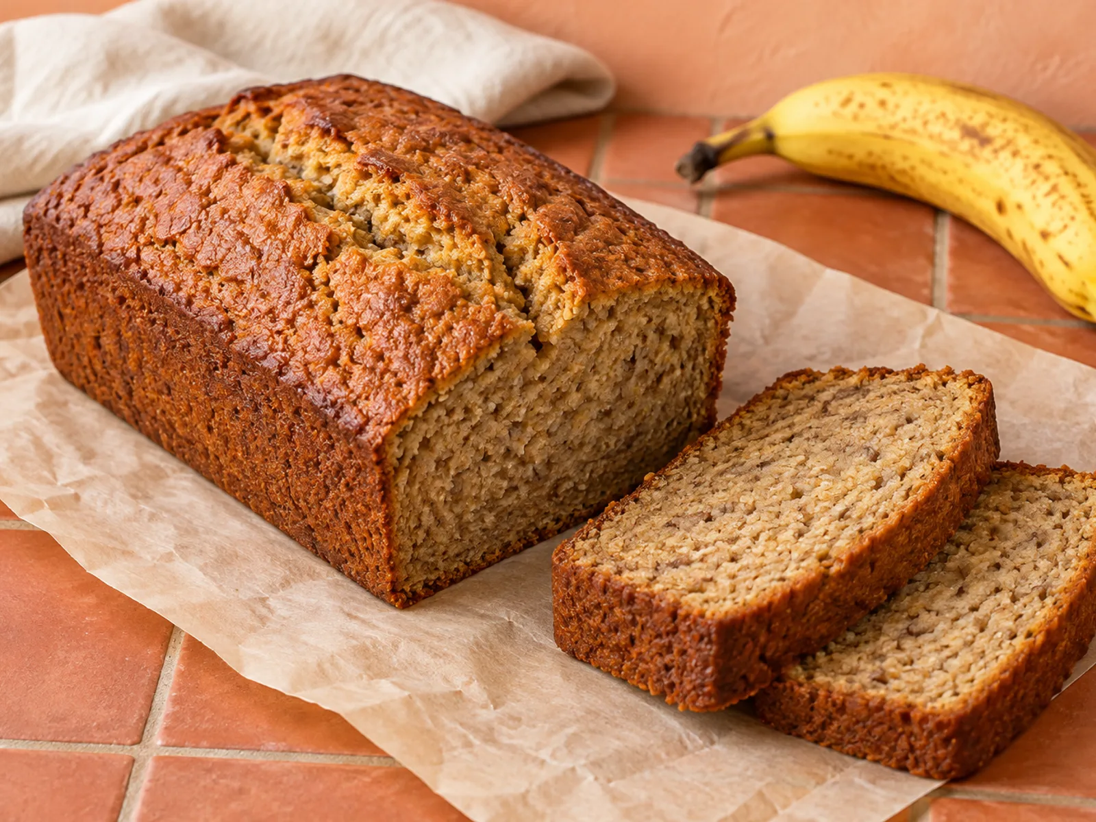 A plain whole-wheat banana loaf and two slices on parchment over terracotta tiles