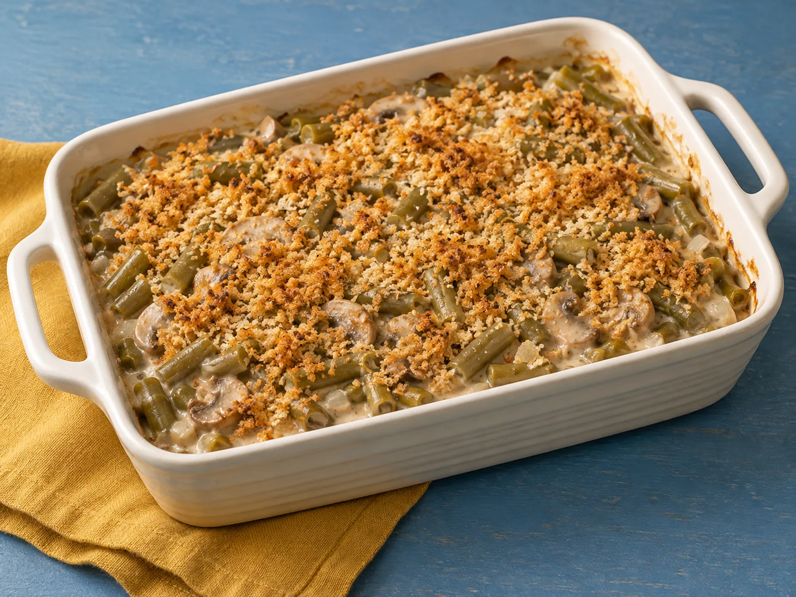 Cut green beans and sliced mushrooms in a creamy sauce with golden breadcrumbs, in an ivory baking dish on a dusty-blue table