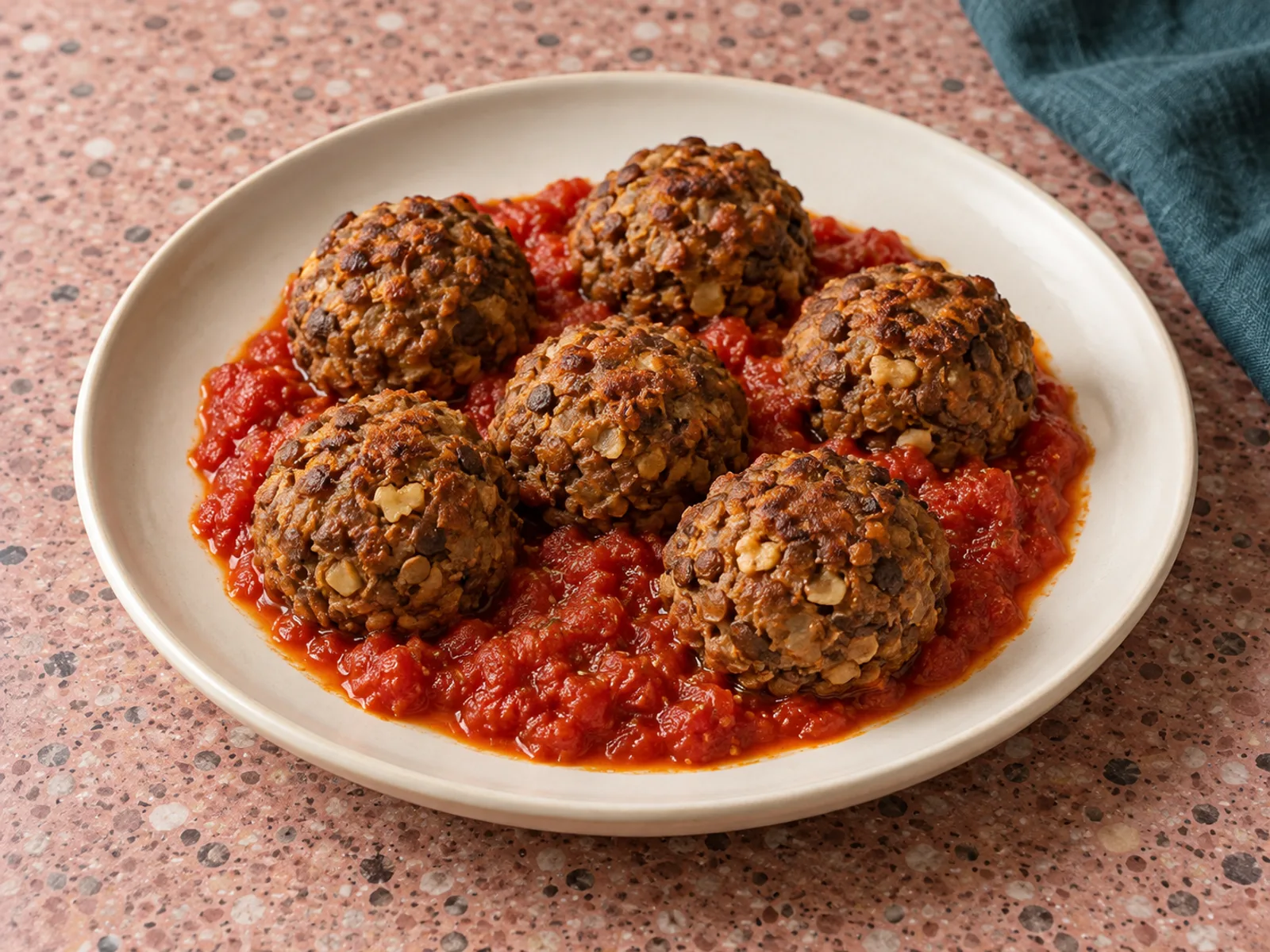 Six browned lentil and walnut meatballs with tomato sauce on an ivory plate over pink terrazzo with teal linen