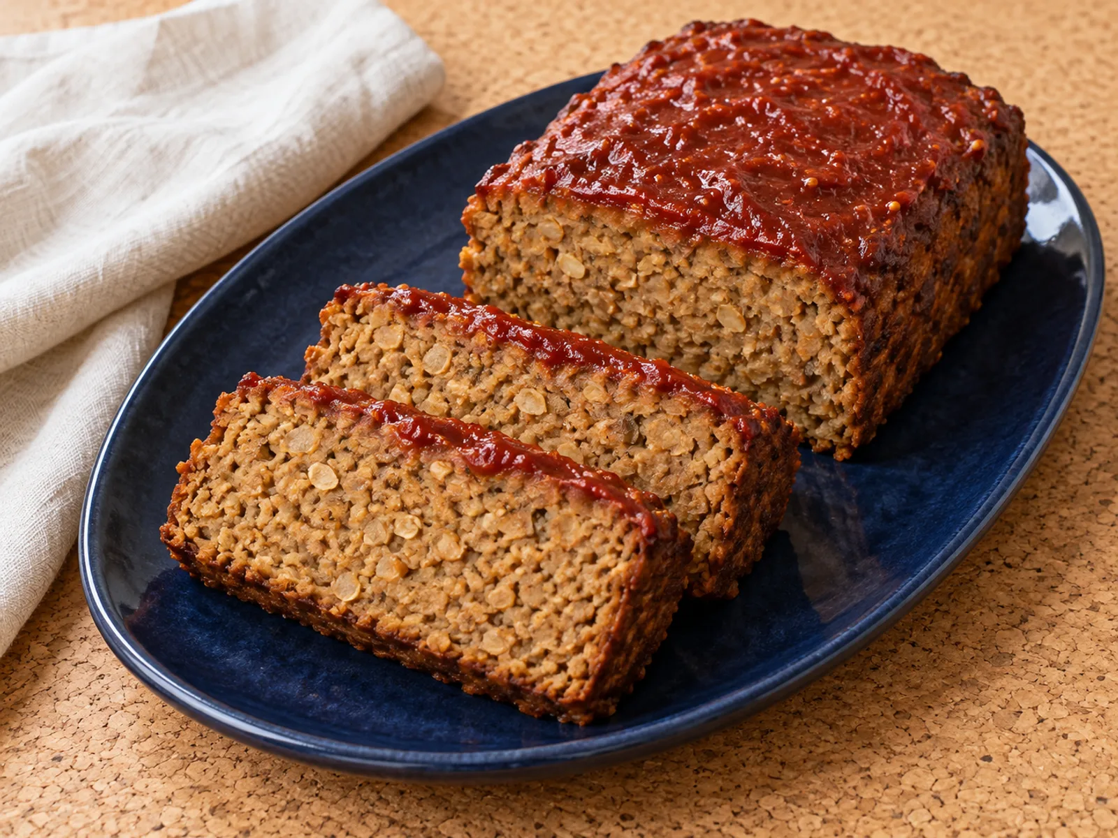 Two slices and a block of tomato-glazed soy, potato and oat loaf on a navy platter over pale cork with ivory linen