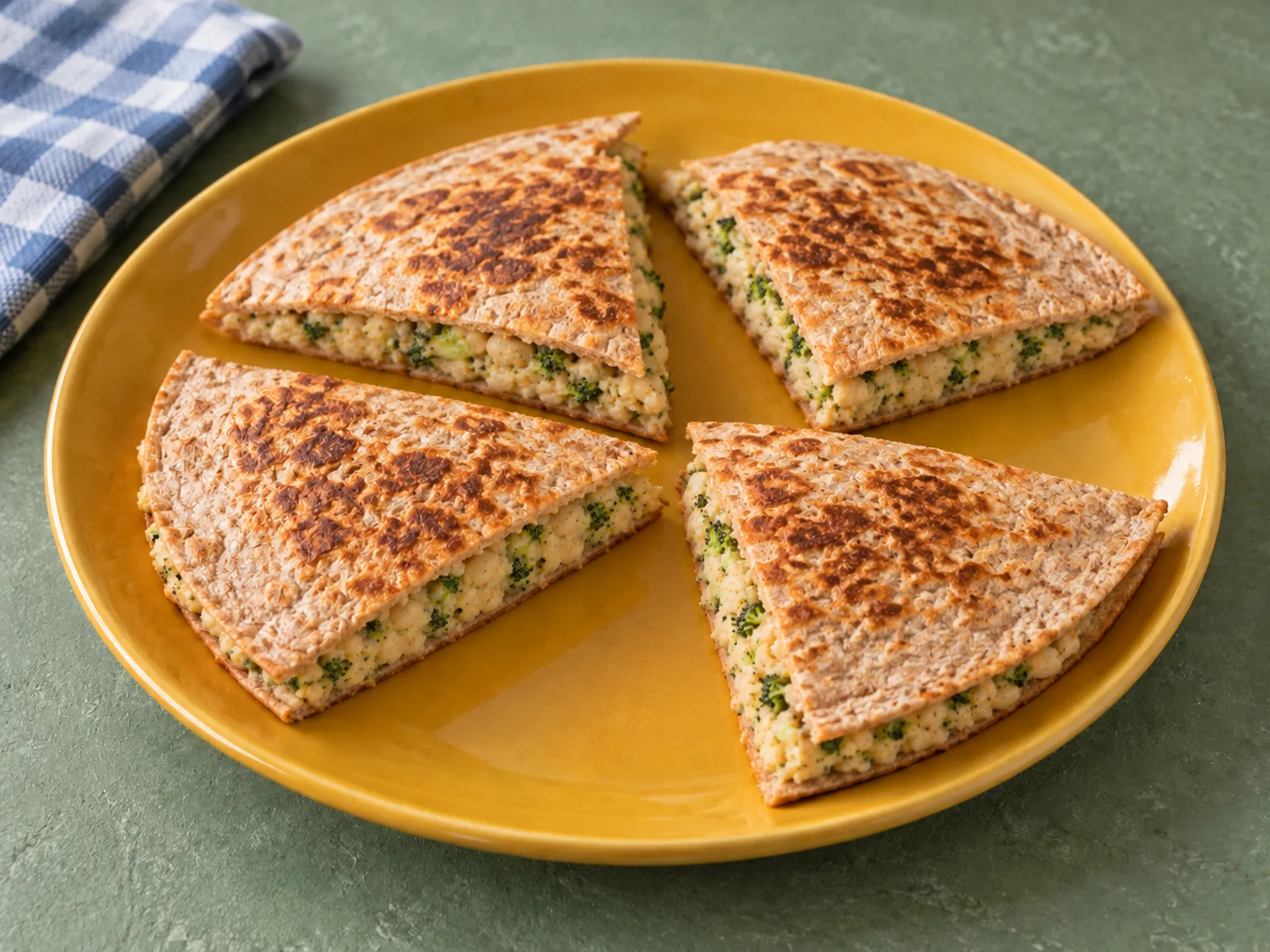 Whole-wheat quesadilla wedges with a mashed white bean and finely chopped broccoli filling