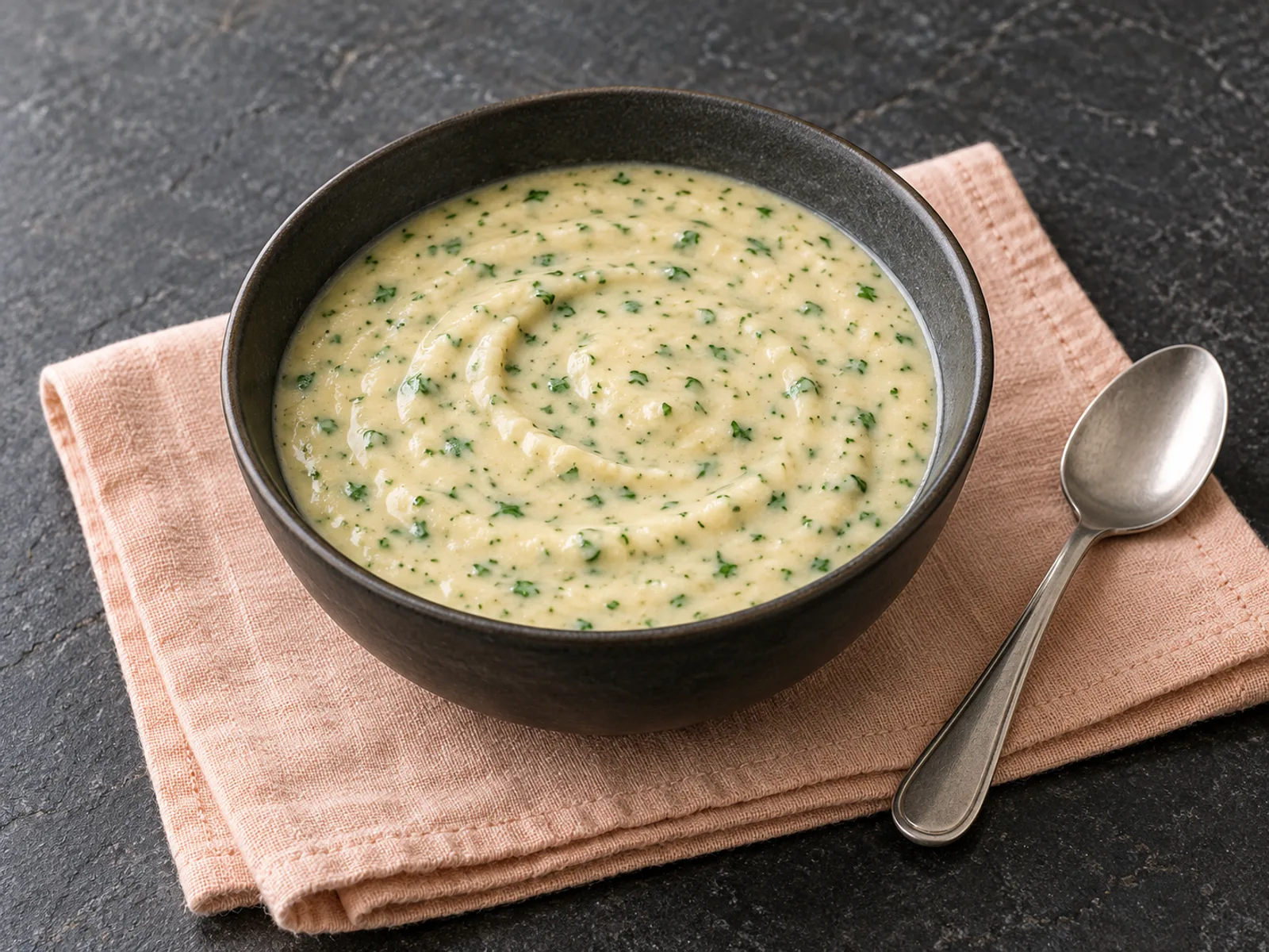Pale creamy white bean sauce flecked with finely chopped parsley in a small dark bowl, without garnish