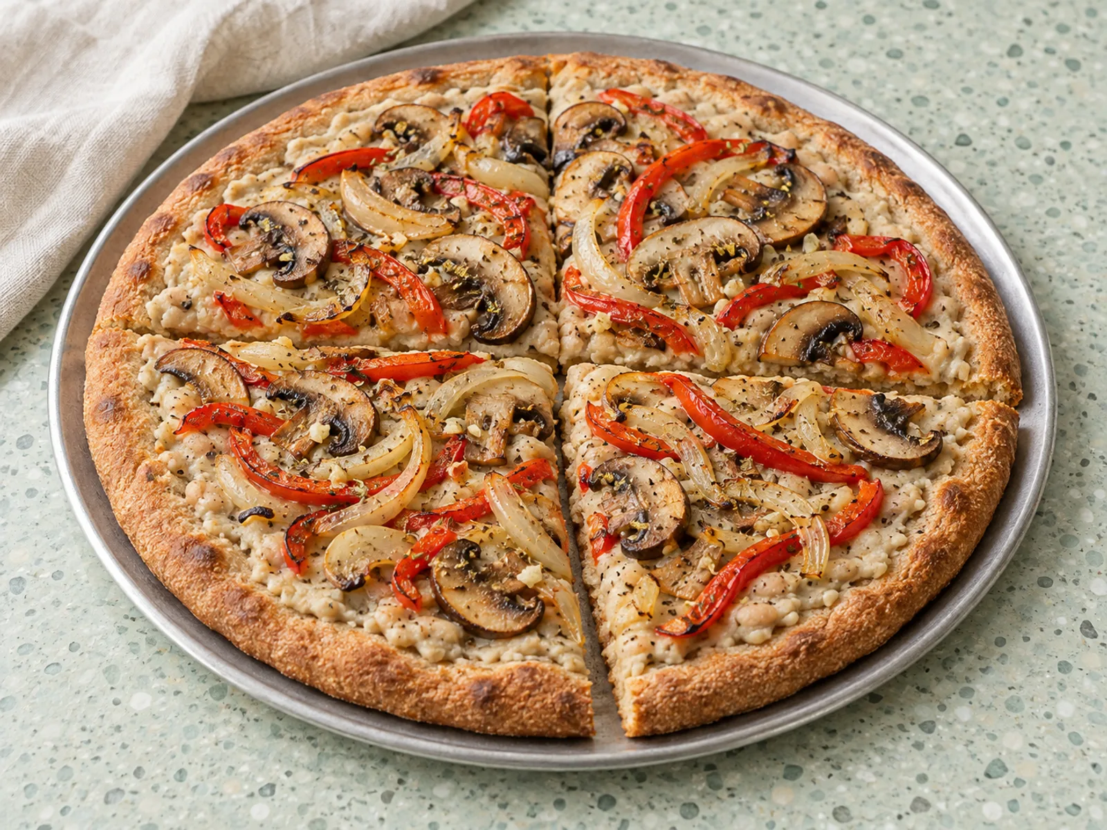 A whole-wheat pizza topped with pale white bean spread, browned mushrooms, red pepper and onion on a silver pan over mint terrazzo
